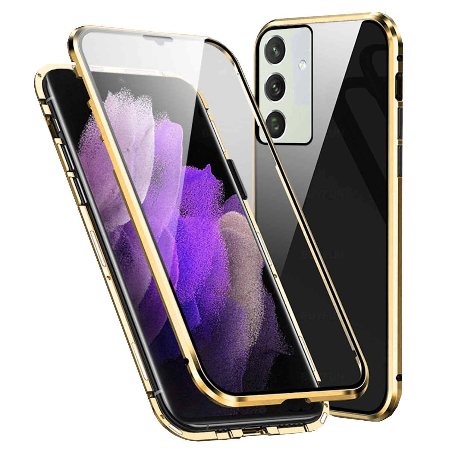 Für Samsung Galaxy A55 Beidseitiger 360 Grad Magnet Glas Hülle Handy Tasche Bumper Gold