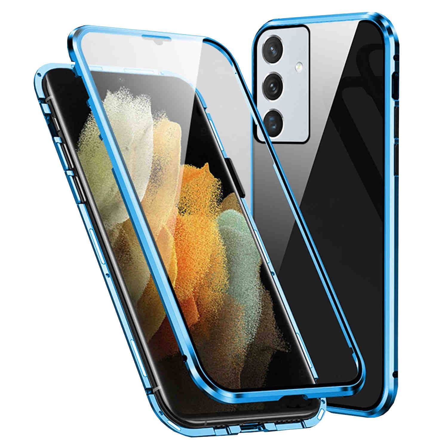 Für Samsung Galaxy A55 Beidseitiger 360 Grad Magnet Glas Hülle Handy Tasche Bumper Blau