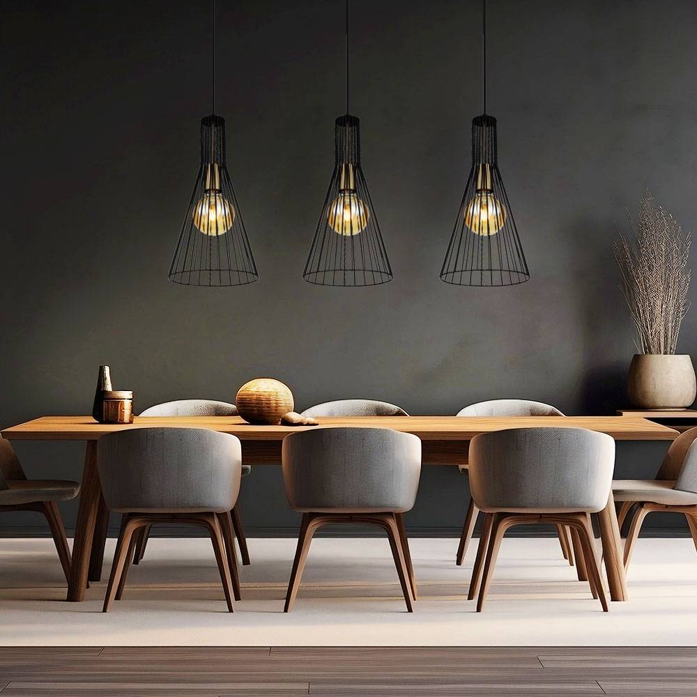 Hängelampe schwarz Pendelleuchte Esstischlampe Esszimmerlampe 3-flammig, Käfig-Design Industrial, Metall schwarz, 3x E27 Fassung, LxBxH 84x20x120 cm