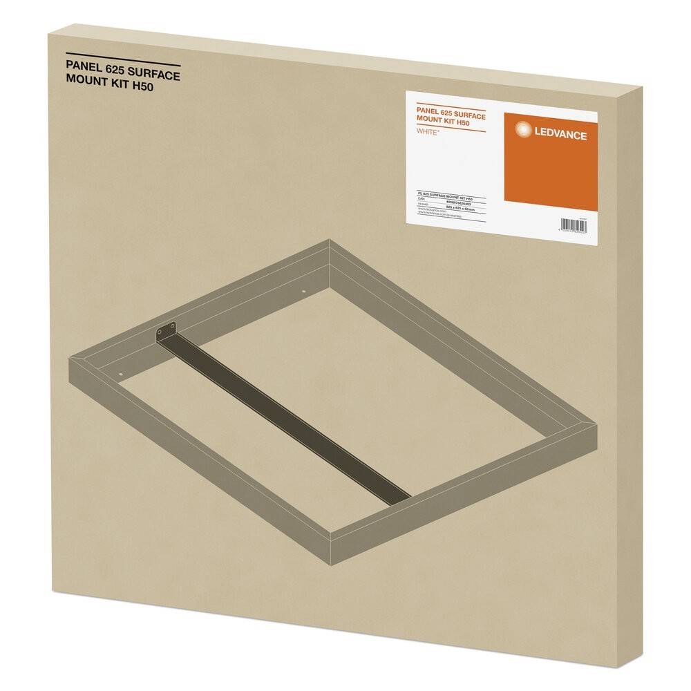 Braune Verpackungsschachtel für 'Panel 625 Surface Mount Kit H50' von LEDVANCE, enthält eine rechteckige Rahmenillustration und Produktetikett.