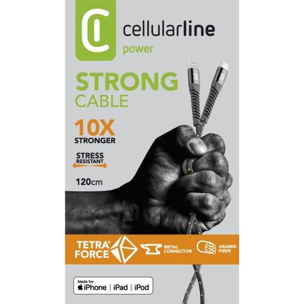 Paket für Cellularline Power 'Strong Cable' Ladekabel, gekennzeichnet als '10x stärker', 'belastungsresistent', 120 cm, mit Tetra Force, Metallstecker und Aramidfaser für iPhone, iPad und iPod.
