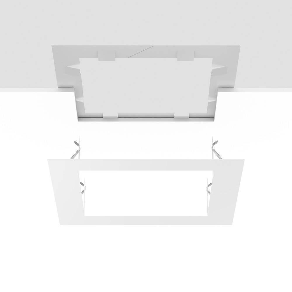 Eine minimalistische, abstrakte weiße dreidimensionale geometrische Struktur schwebt vor einem hellgrauen Hintergrund.