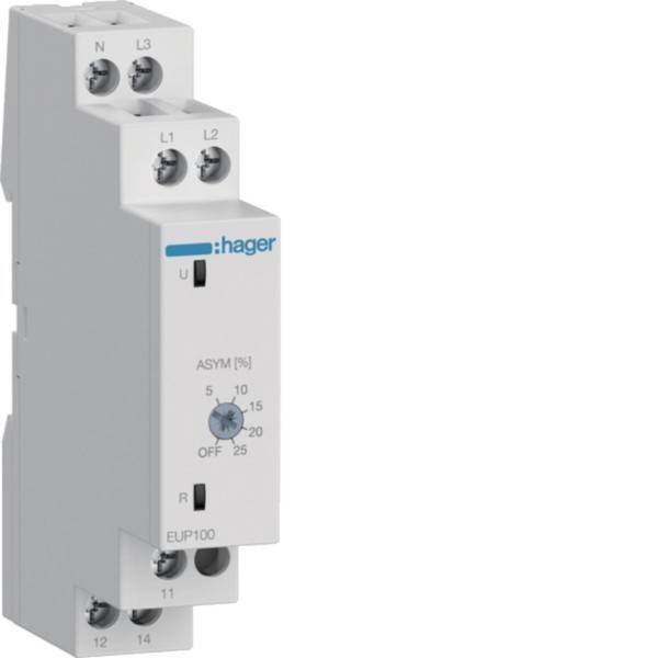 Ein weißes elektrisches Gerät mit Markenlabel 'Hager'. Es verfügt über mehrere Anschlusspunkte, die mit L1, L2, L3, N und anderen beschriftet sind, mit einem Drehregler, der mit 'ASYM %' gekennzeichnet ist.