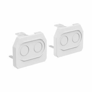 Zwei weiße Kunststoffabdeckungen mit je zwei kreisförmigen Vertiefungen. Sie haben Befestigungsclips, die nach rechts zeigen, vor einem neutralen Hintergrund.
