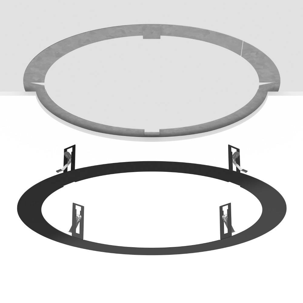 Eine graue kreisförmige Deckenaussparung und ein schwarzer Ring darunter mit angebrachten Clips, wahrscheinlich zum Befestigen oder Sichern eines Objekts in der Öffnung.