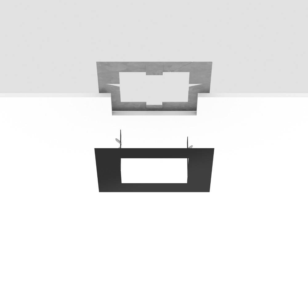 Eine schwarze rechteckige Vorrichtung hängt von einer Decke mit einem rechteckigen Ausschnitt, der eine Installationsanordnung zeigt.