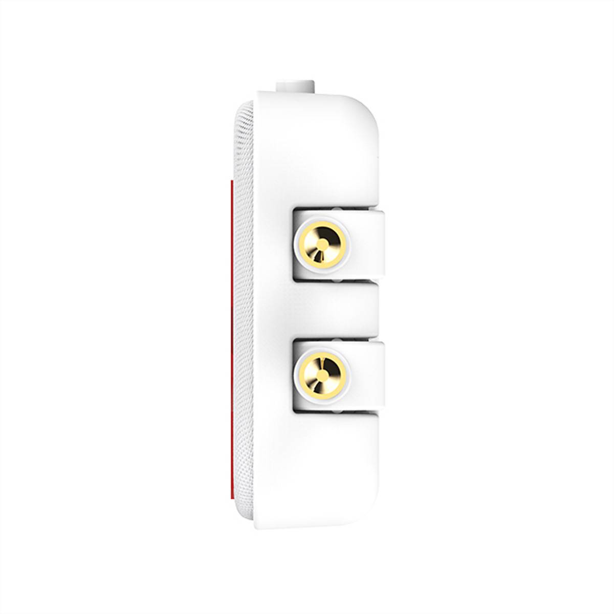 Ein weißes elektronisches Gerät mit zwei gelben kreisförmigen Befestigungen an der Seite, das zur Befestigung oder Einstellung verwendet wird. Seitenansicht wird gezeigt.