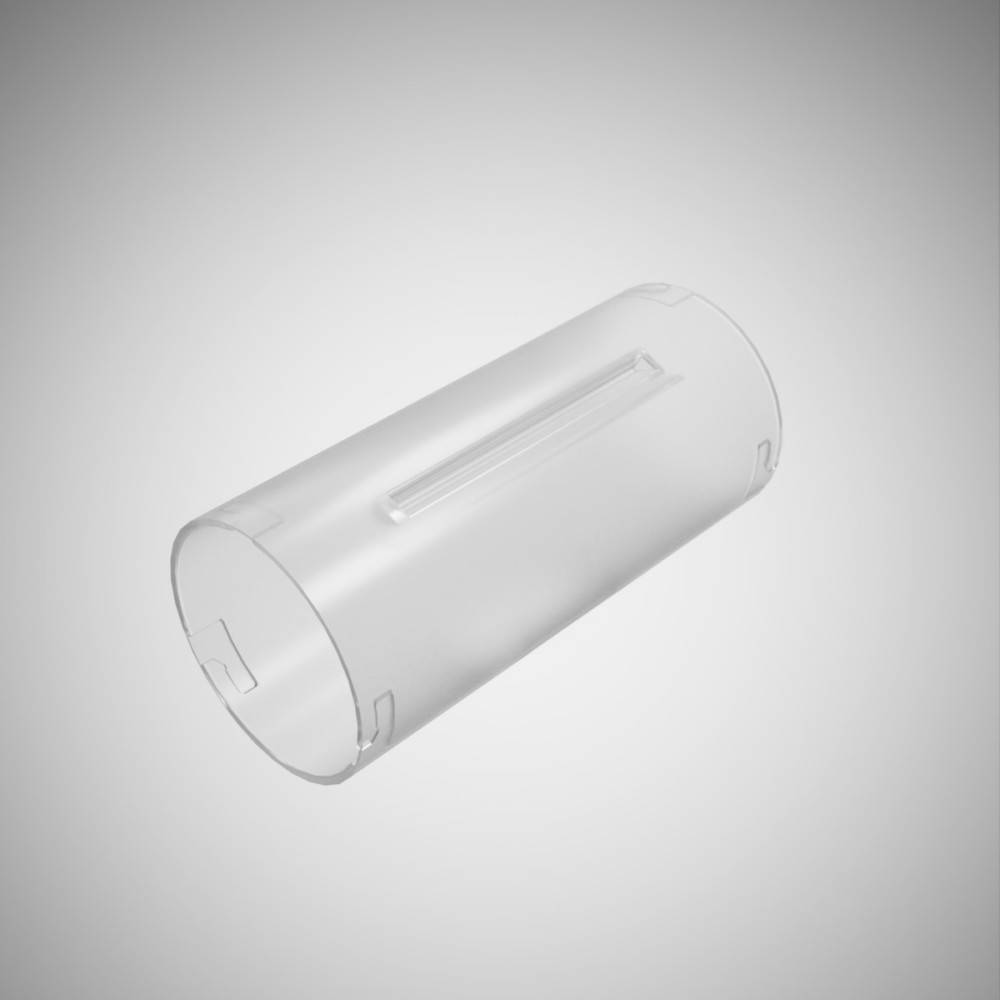 Ein transparenter zylindrischer Behälter mit Deckel, konzipiert für Lagerung oder Organisation, auf neutralem Hintergrund.