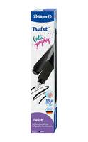 Packung des Pelikan Twist Kalligraphie-Füllhalters in Schwarz, gezeigt auf weißem Hintergrund mit Federspitze und Tintenstrichen.