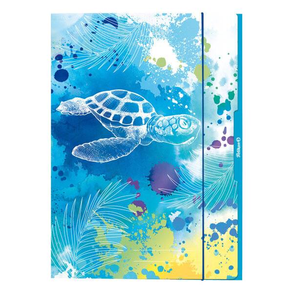 Notizbuchcover im blauen Aquarell-Stil mit einer weißen Meeresschildkröte, die über abstrakte Ozeanspritzer und Blattmuster schwimmt.