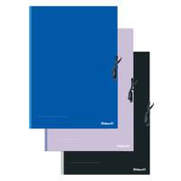 Stapelbare blaue, lavendel- und schwarze Ringordner mit Klammern, dargestellt als Produktbilder auf neutralem Hintergrund.