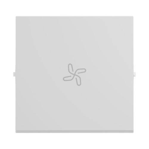 Weiße quadratische Wandlüftungsabdeckung aus Kunststoff mit einem kleinen ventilatorähnlichen Symbol in der Mitte