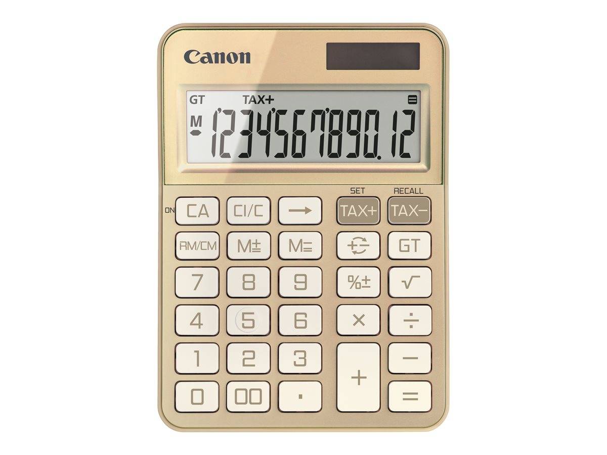 Ein Canon-Tischrechner, auf dessen LCD-Bildschirm die Zahl 1234567890,12 angezeigt wird.