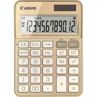 Canon-Taschenrechner auf dem Schreibtisch zeigt die Zahl 1234567890.12 auf seinem Display an.