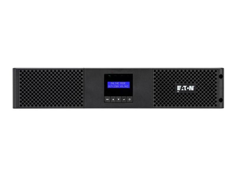 Frontansicht eines schwarzen EATON-Rack-UPS mit Belüftungsgittern und einem blauen Statusdisplay, das Batterie-/Lastinformationen anzeigt.