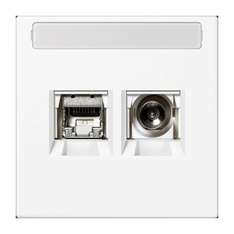 Ethernet- und Koaxial-Wandsteckdose, weißes Panel, Doppelports für Internet- und TV-Anschluss, in einer Wohn- oder Büroumgebung.