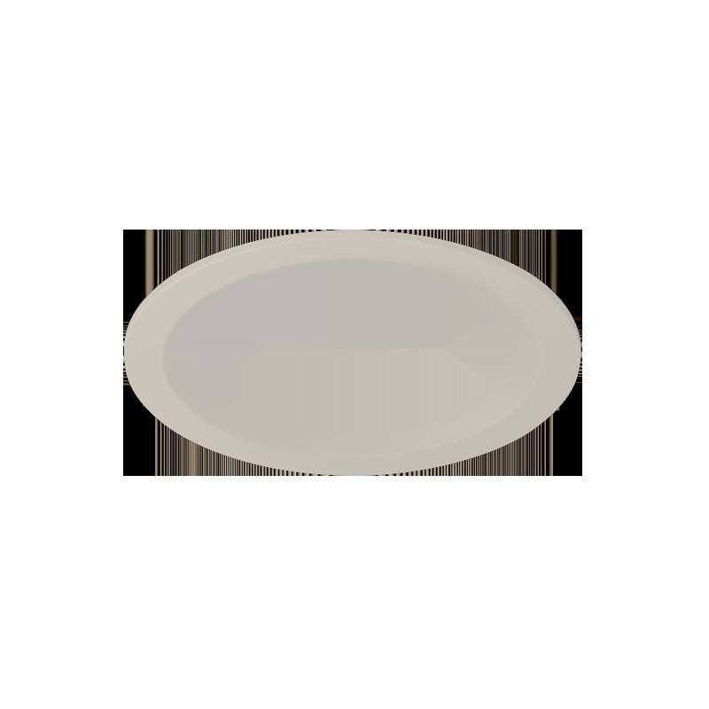 Ein einfacher, weißer, oval geformter Keramikteller, von oben betrachtet, auf einem weißen Hintergrund.