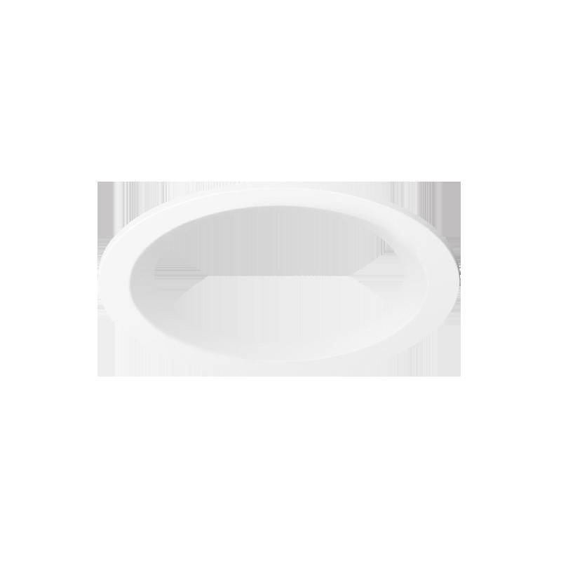 Ein weißes, kreisförmiges, flaches Objekt, das einer Deckenleuchte mit minimalistischem Design auf weißem Hintergrund ähnelt.