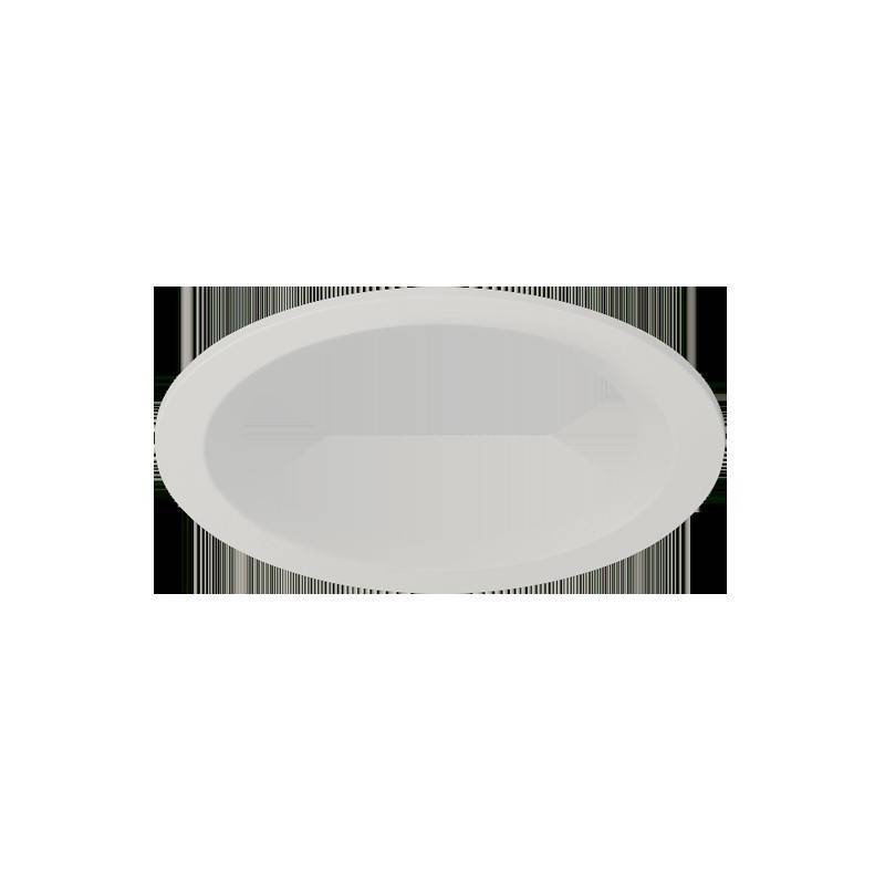 Eine kreisförmige, weiße, eingelassene Deckenlampe, von unten betrachtet.