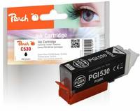 Eine Druckertintenkassette von Peach C530 mit ihrer Einzelhandelsverpackung, mit der Bezeichnung PGI530, schräg vor der Verpackung gezeigt.