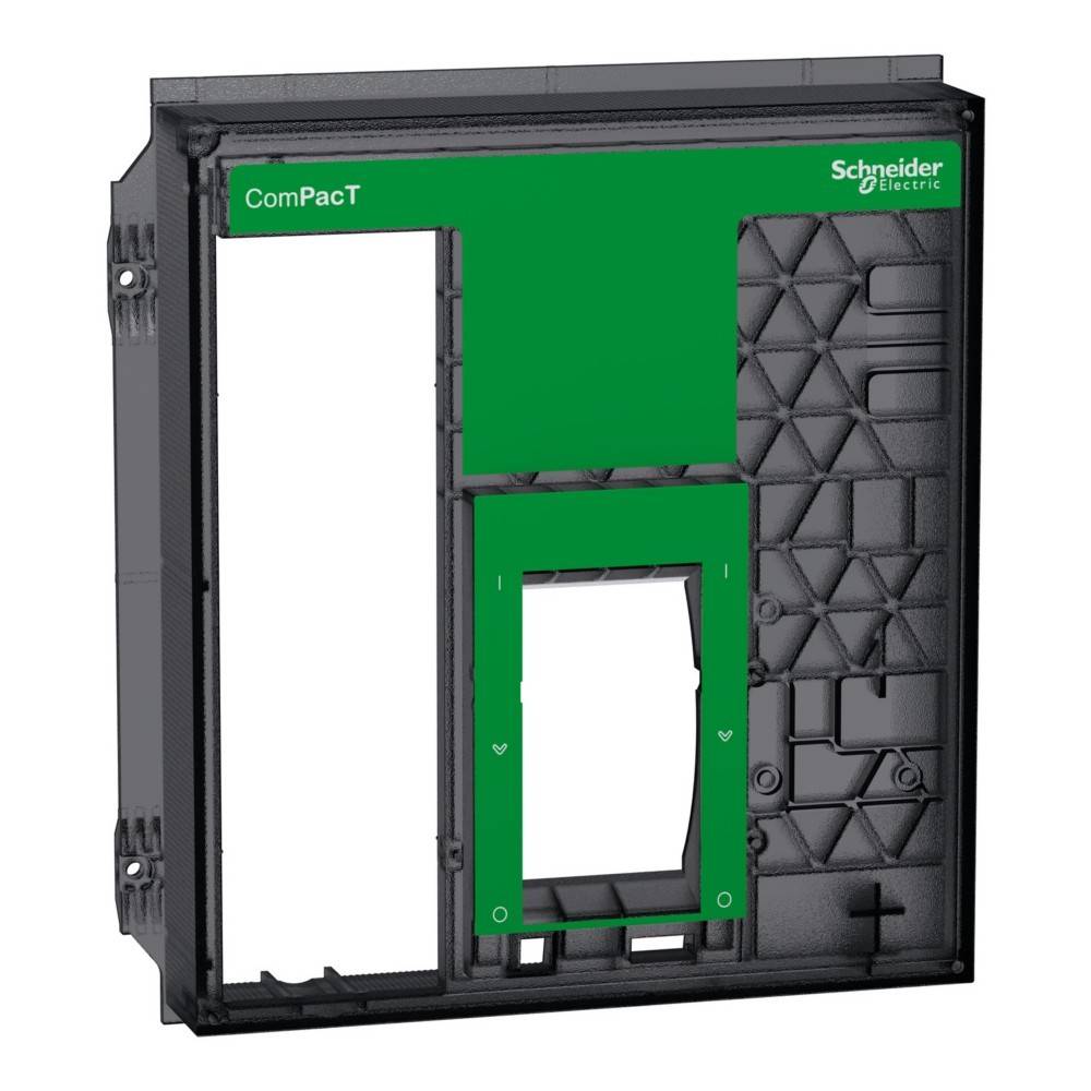 Schneider Electric ComPacT Gehäusegehäuse mit grüner Markierung und offenen Schlitzen für die Installation elektrischer Komponenten.