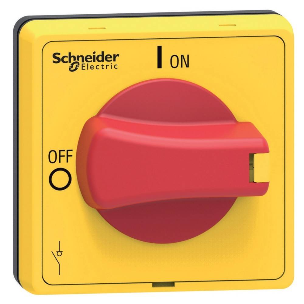 Ein roter Drehschalter auf gelbem Hintergrund mit der Beschriftung 