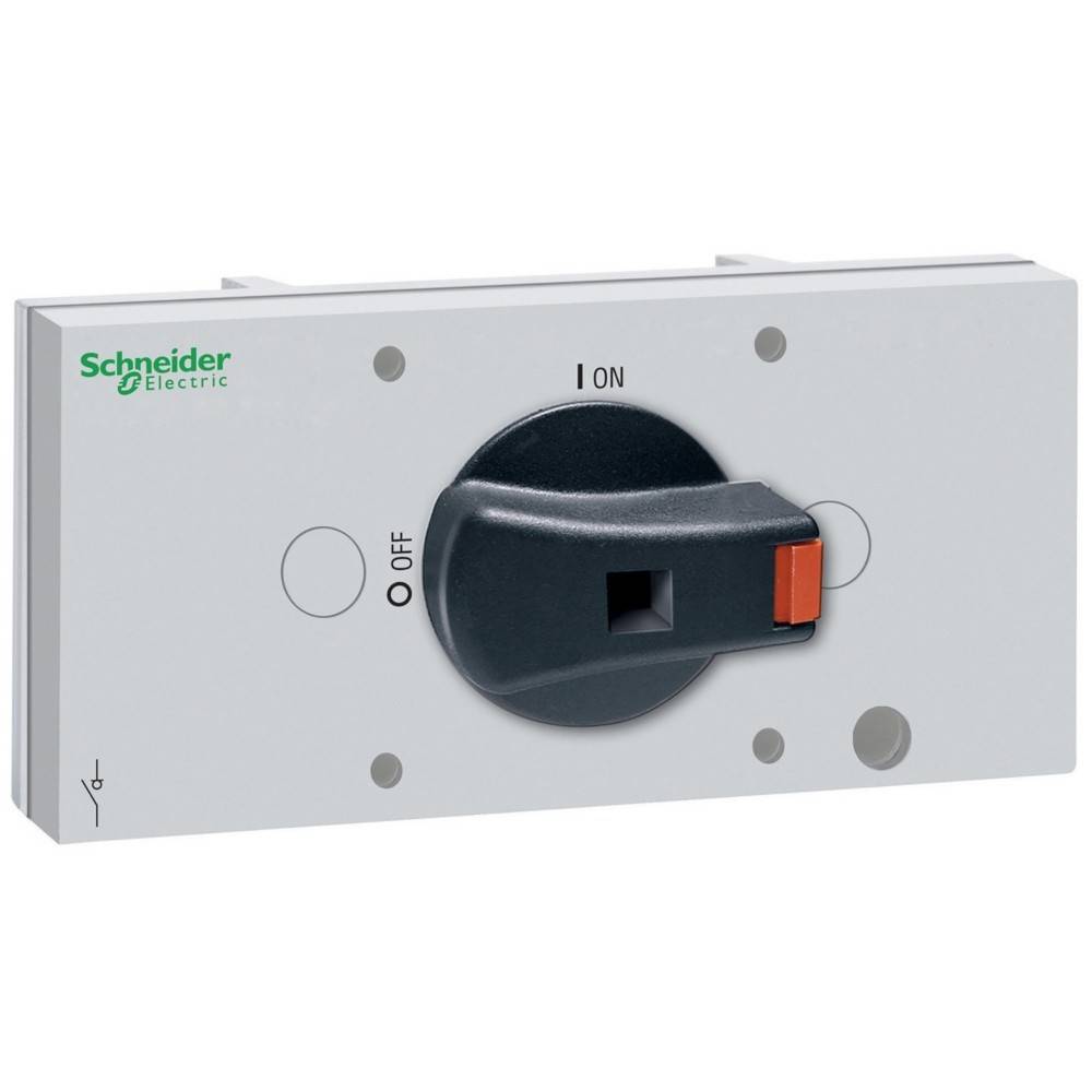 Schneider Electric' Schalter mit einer zentralen schwarzen Drehscheibe, die derzeit auf die 'EIN'-Position zeigt.
