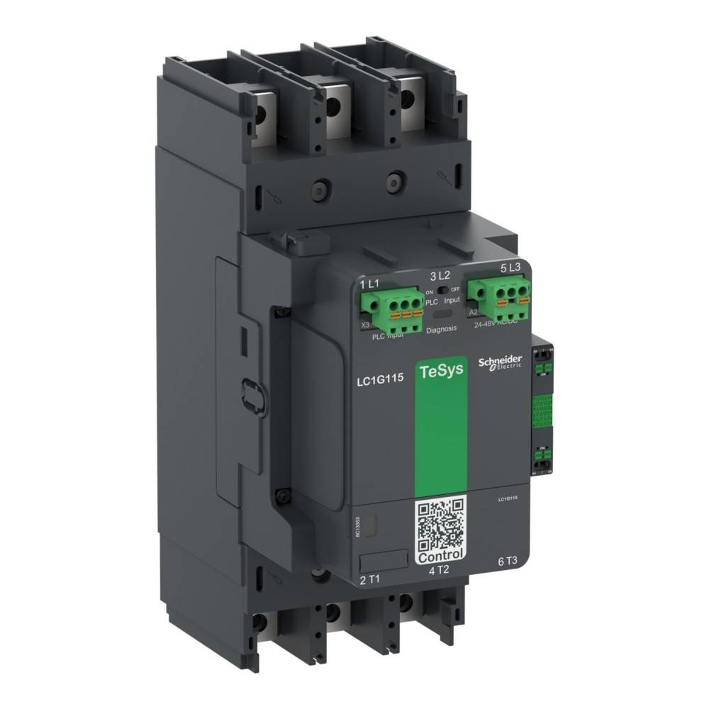 Schneider Electric TeSys LC1G115 Schütz mit einem schwarz-grünen Gehäuse, verwendet zur Steuerung von Elektromotoren und Stromkreisen.