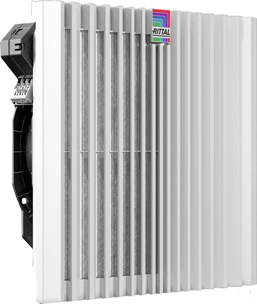 Eine weiße Rittal-Industriekühleinheit mit vertikalen Lüftungsschlitzen und einem Bedienfeld an der Seite, die wahrscheinlich für elektrische Schaltschränke verwendet wird.