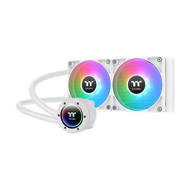 Ein weißes Computerkühungssystem mit zwei RGB-Lüftern und einer kreisförmigen Pumpe, die das 
