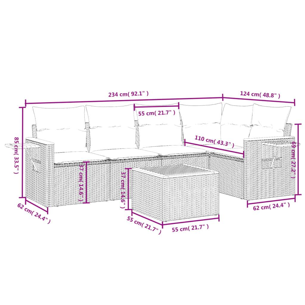 vidaXL 6-tlg. Garten-Sofagarnitur mit Kissen Schwarz Poly Rattan