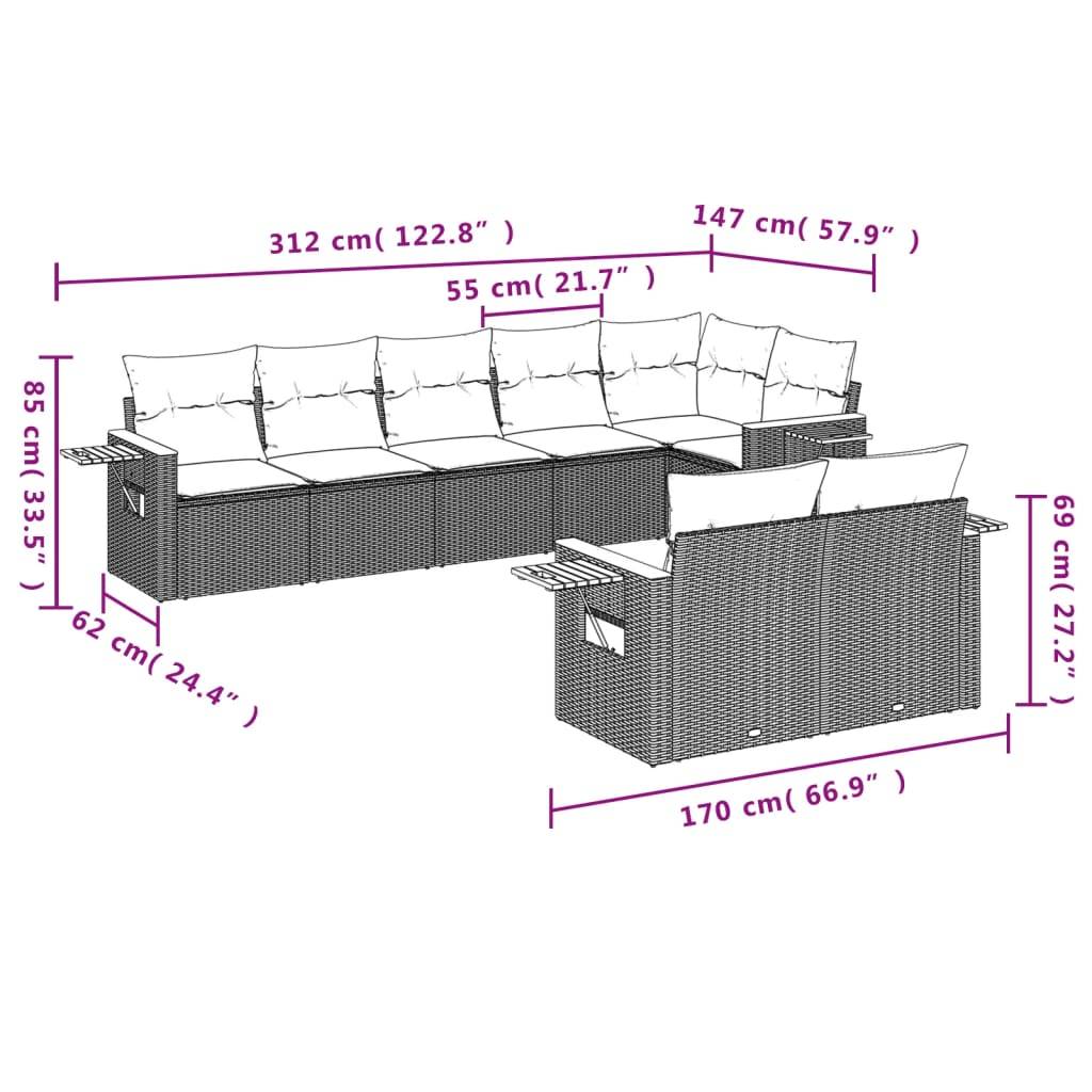 vidaXL 8-tlg. Garten-Sofagarnitur mit Kissen Grau Poly Rattan