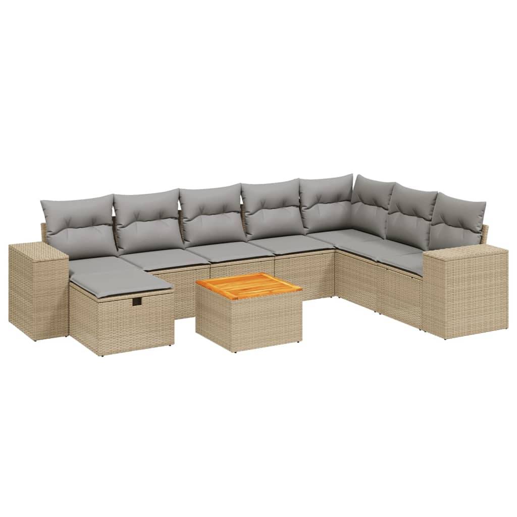 vidaXL 9-tlg. Garten-Sofagarnitur mit Kissen Beige Poly Rattan