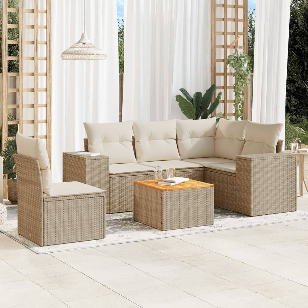 vidaXL 6-tlg. Garten-Sofagarnitur mit Kissen Beige Poly Rattan