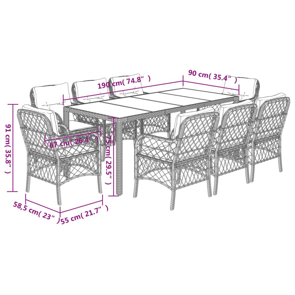 vidaXL 9-tlg. Garten-Essgruppe mit Kissen Schwarz Poly Rattan