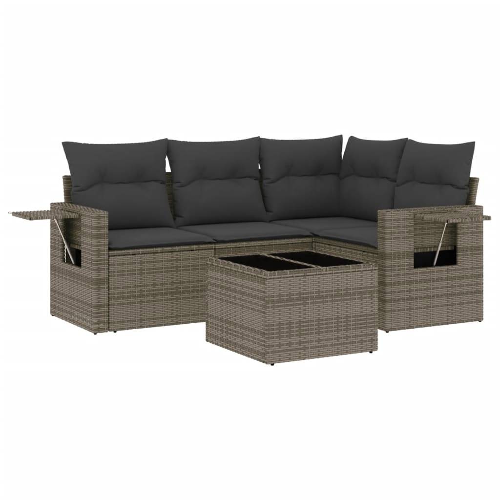 vidaXL 5-tlg. Garten-Sofagarnitur mit Kissen Grau Poly Rattan