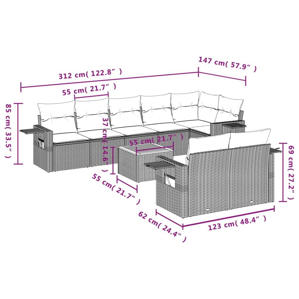vidaXL 9-tlg. Garten-Sofagarnitur mit Kissen Schwarz Poly Rattan