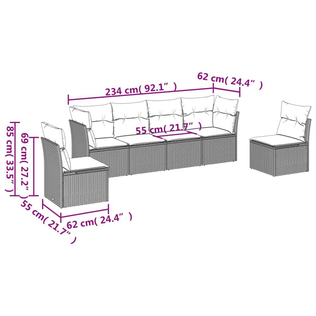 vidaXL 6-tlg. Garten-Sofagarnitur mit Kissen Hellgrau Poly Rattan