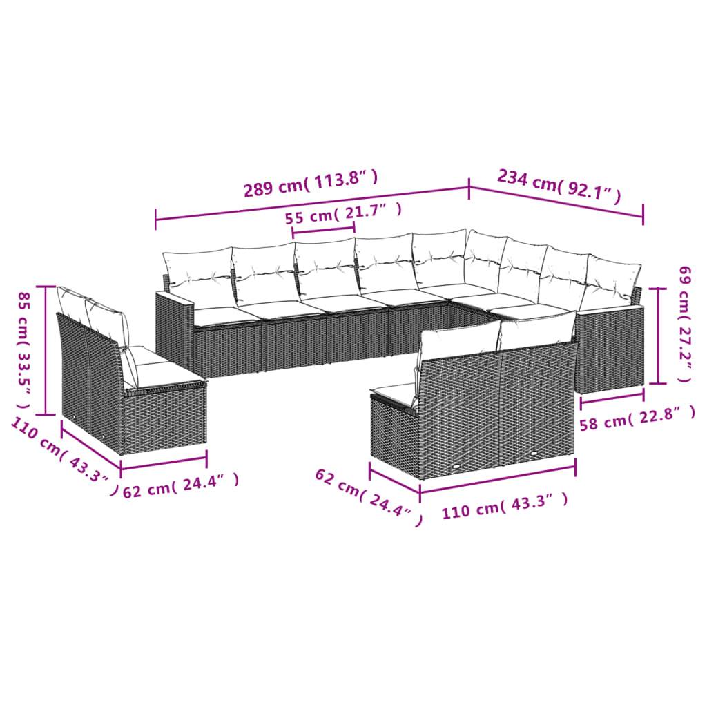 vidaXL 12-teiliges Gartensofa-Set mit Kissen, grau, Polyrattan