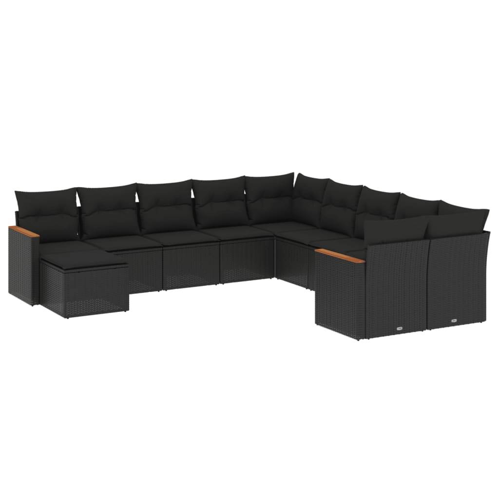 vidaXL 11-tlg. Garten-Sofagarnitur mit Kissen Schwarz Poly Rattan