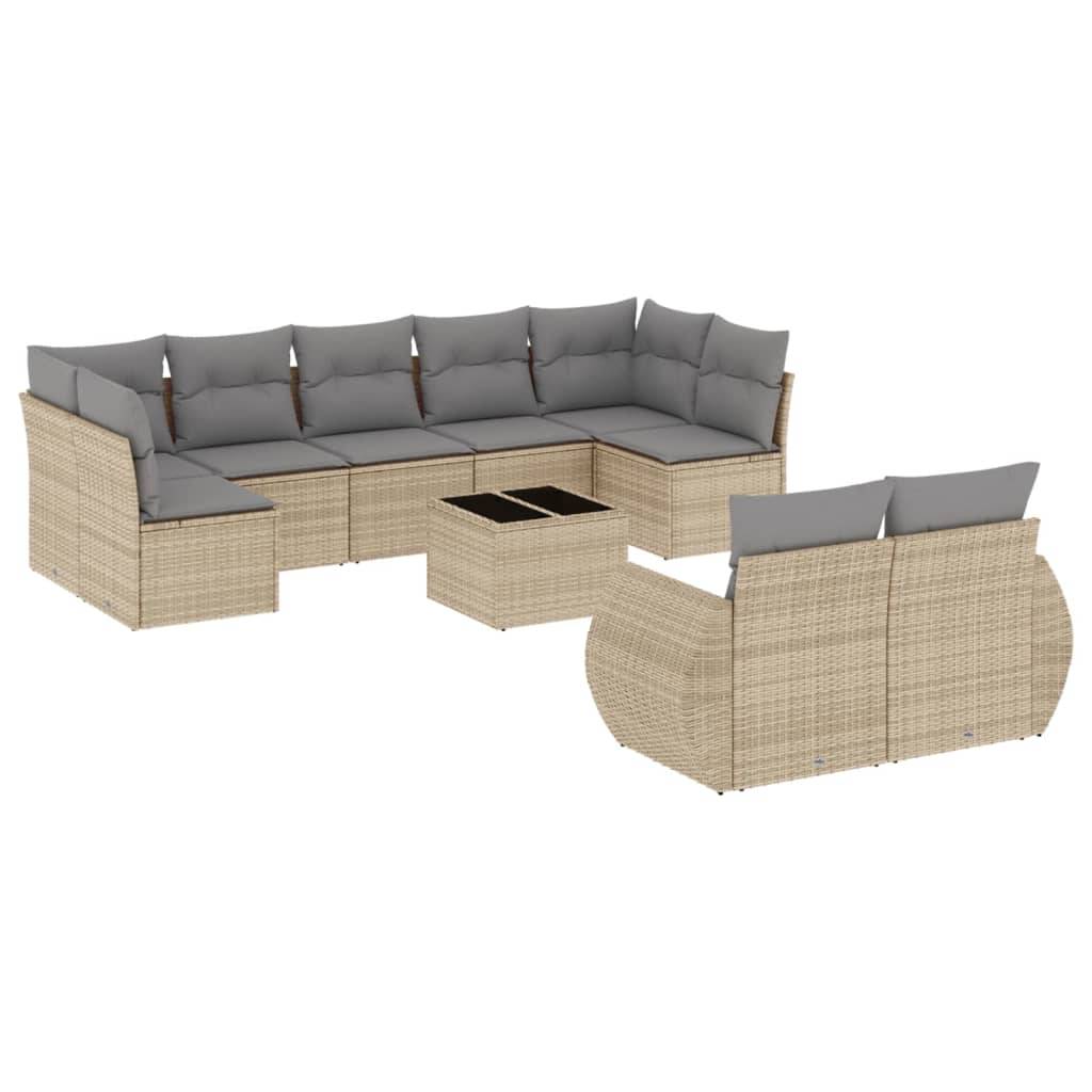 vidaXL 10-tlg. Garten-Sofagarnitur mit Kissen Beige Poly Rattan