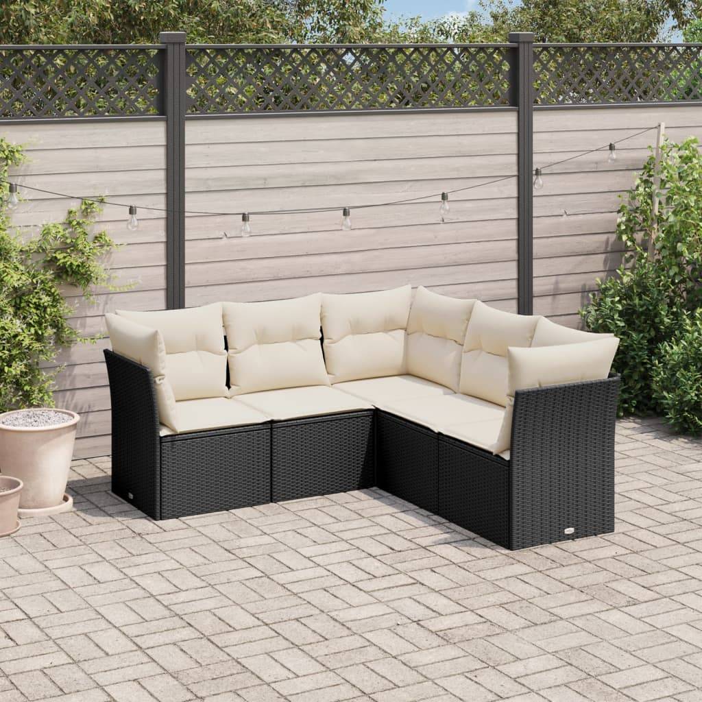 vidaXL 5-tlg. Garten-Sofagarnitur mit Kissen Schwarz Poly Rattan