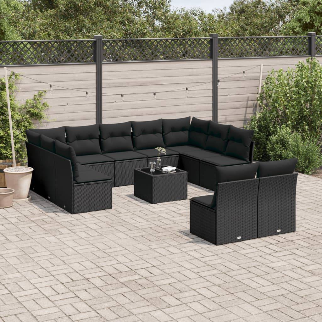 vidaXL 12-tlg. Garten-Sofagarnitur mit Kissen Schwarz Poly Rattan