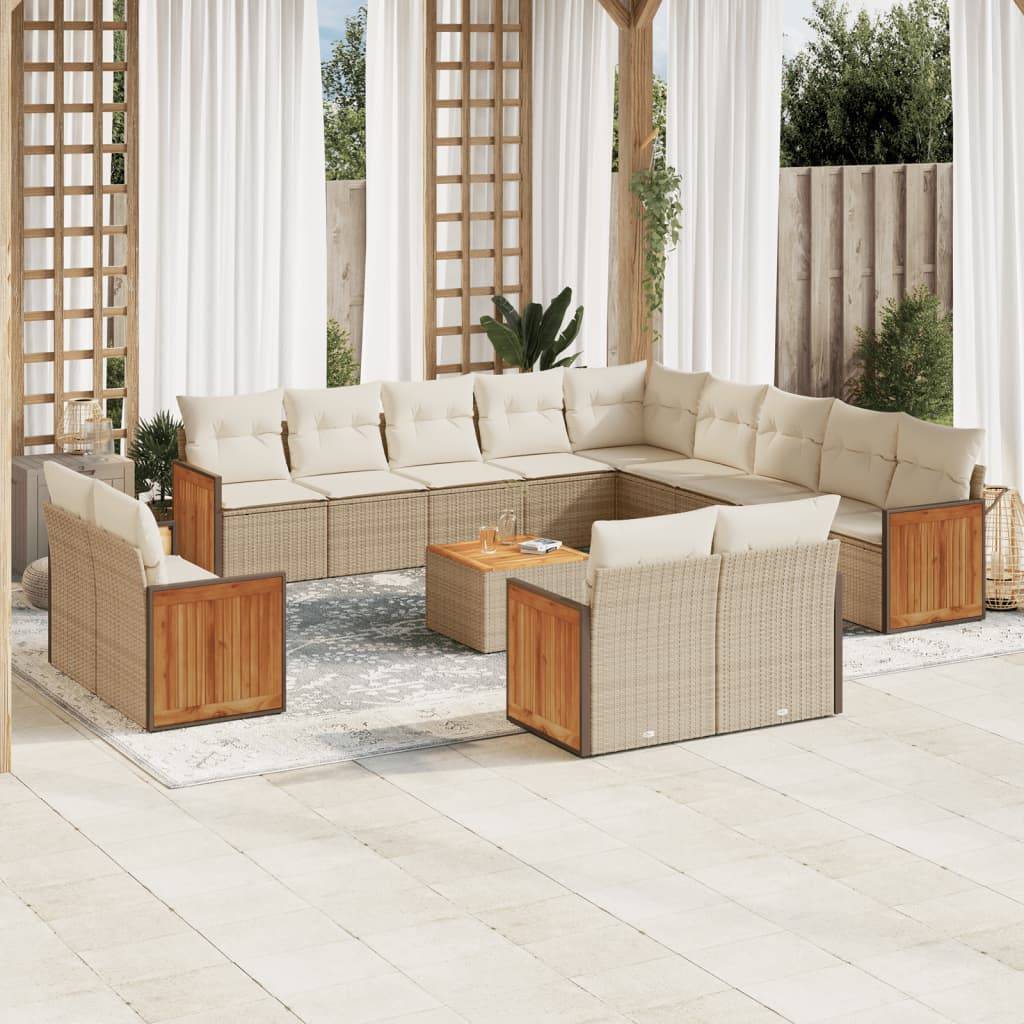 vidaXL 14-tlg. Garten-Sofagarnitur mit Kissen Beige Poly Rattan