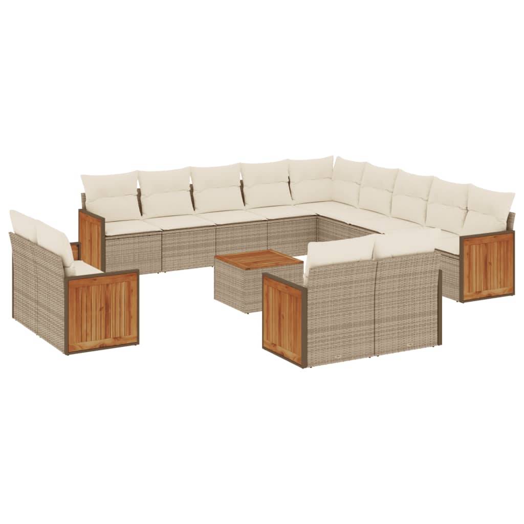 vidaXL 14-tlg. Garten-Sofagarnitur mit Kissen Beige Poly Rattan
