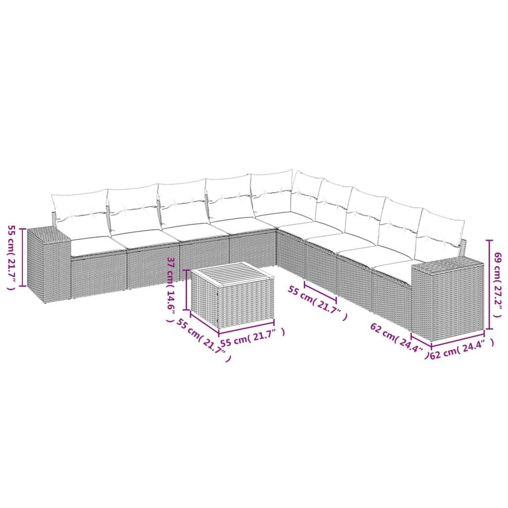 vidaXL 10-tlg. Garten-Sofagarnitur mit Kissen Beige Poly Rattan