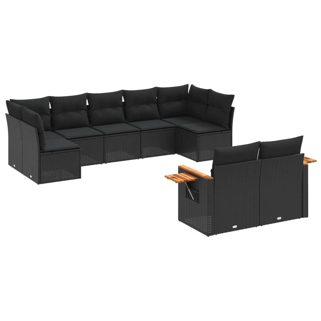 vidaXL 9-tlg. Garten-Sofagarnitur mit Kissen Schwarz Poly Rattan