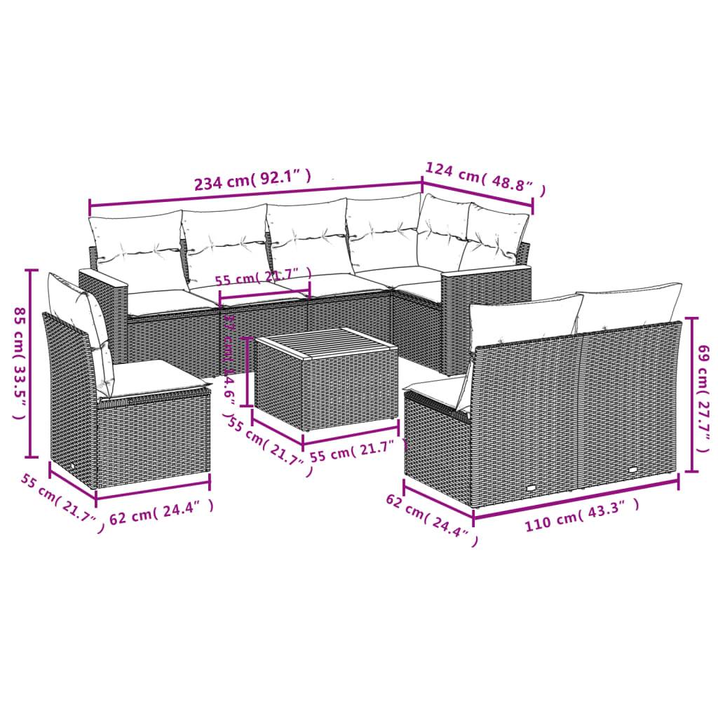 vidaXL 9-tlg. Garten-Sofagarnitur mit Kissen Grau Poly Rattan