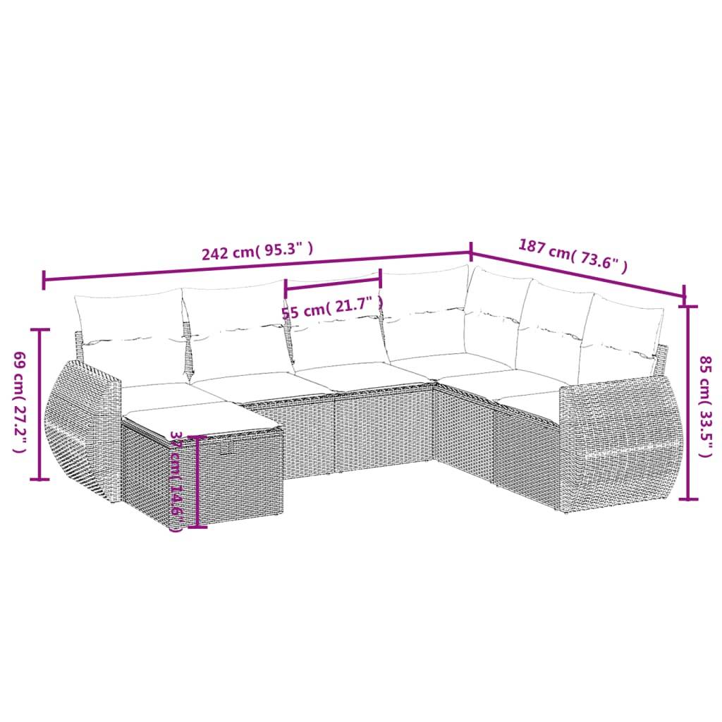 vidaXL 7-tlg. Garten-Sofagarnitur mit Kissen Schwarz Poly Rattan