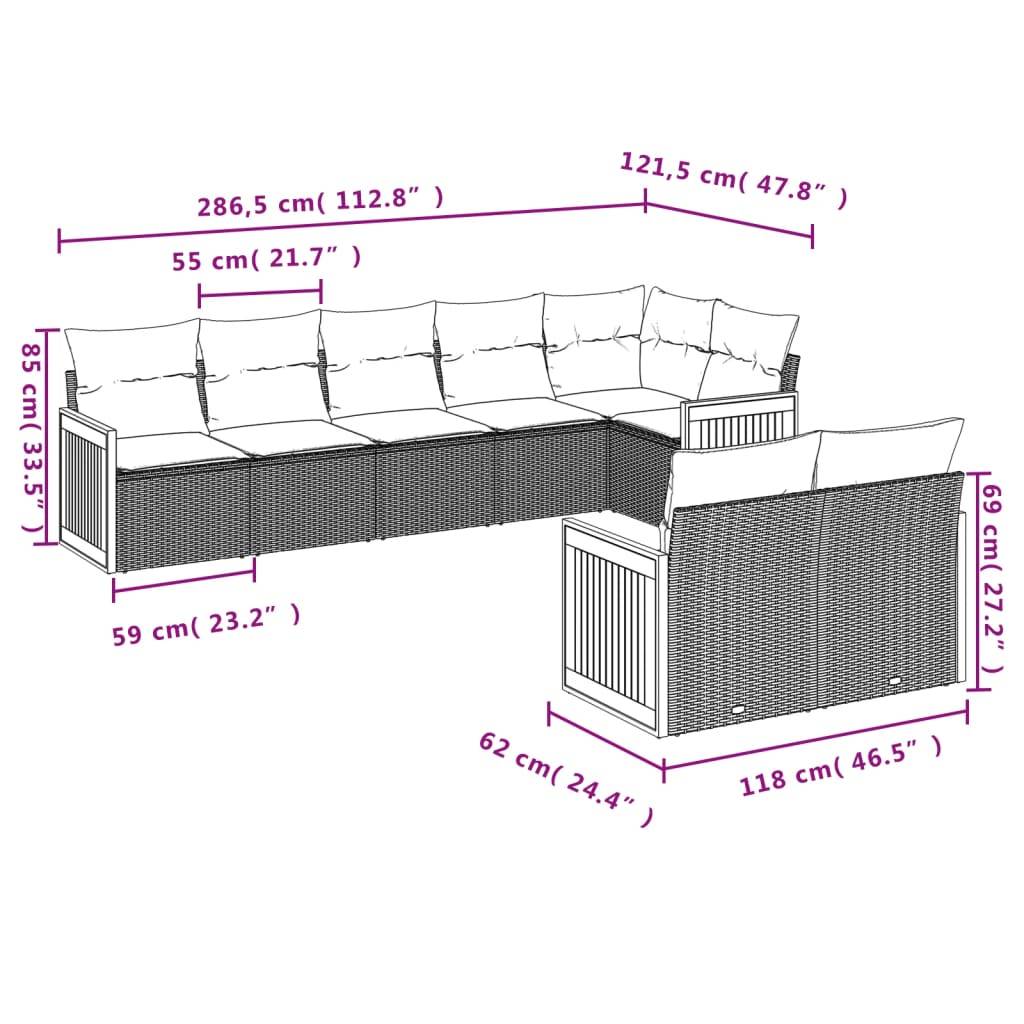 vidaXL 8-teiliges Gartensofa-Set mit Kissen, grau, Polyrattan